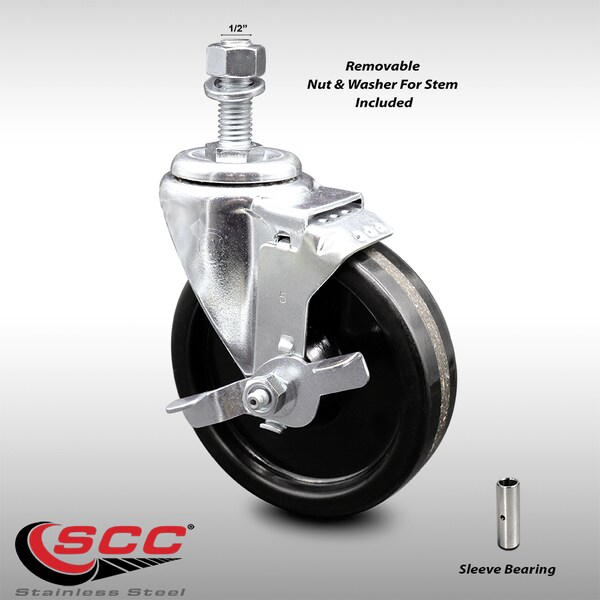 5 Inch SS Phenolic Wheel Swivel 1/2 Inch Threaded Stem Caster with Brake SCC